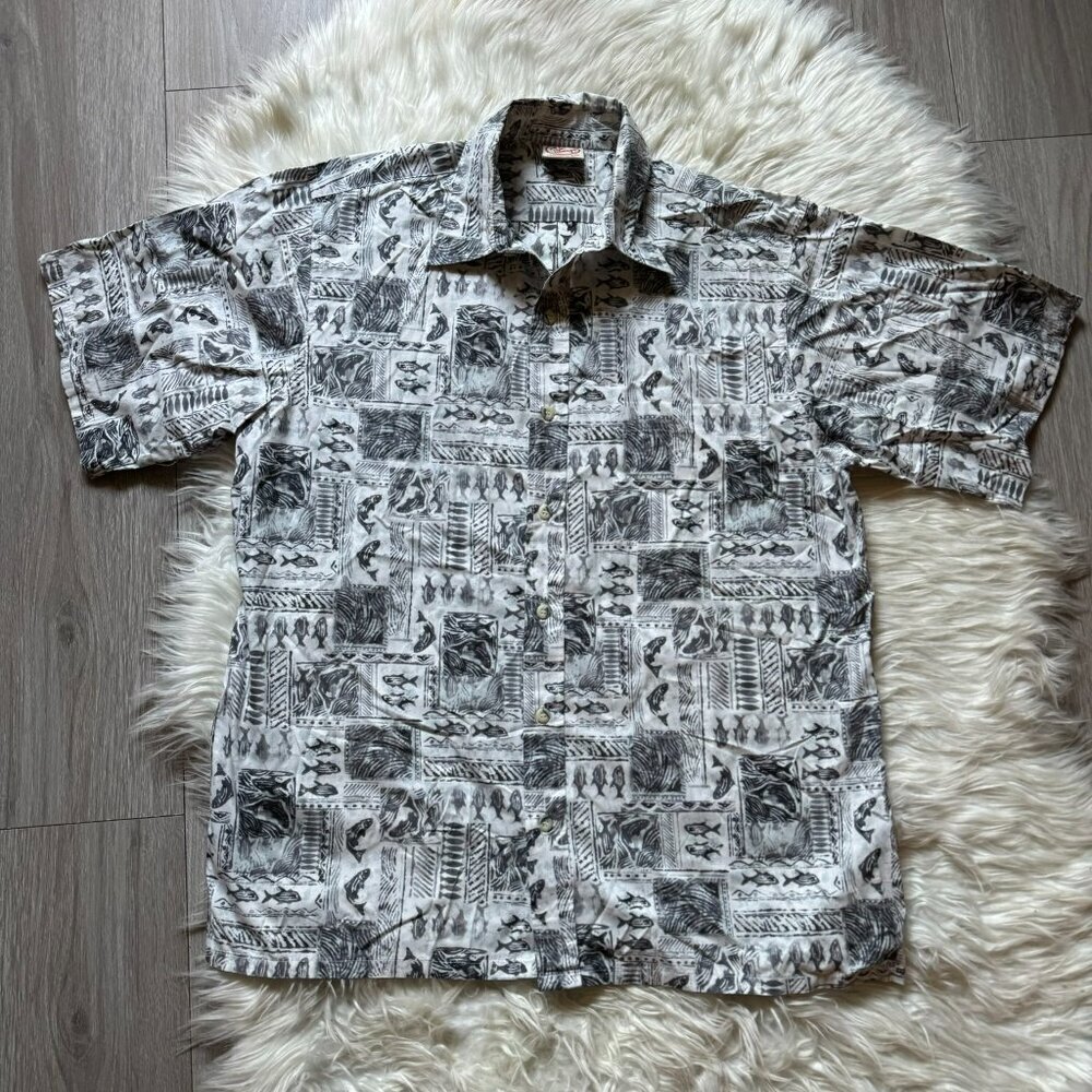 GO BAREFOOT Hawaiian Shirt Tropical Pullover Reverse Print Made In USA Men's L